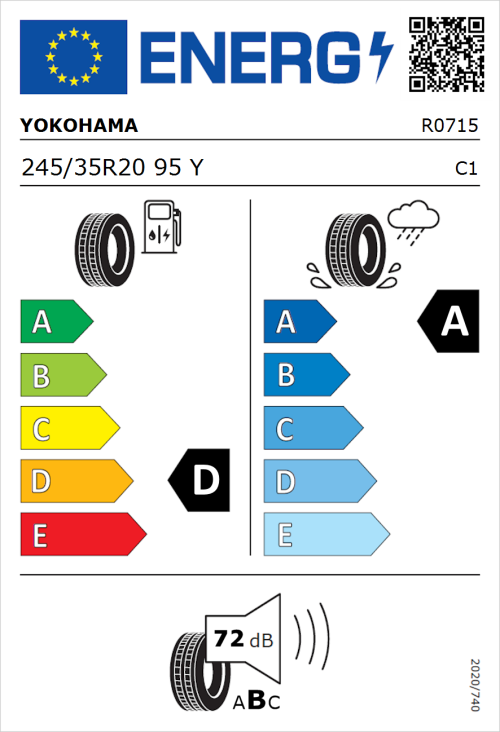 Tyre Label for Yokohama V105 245/35R20 95Y
