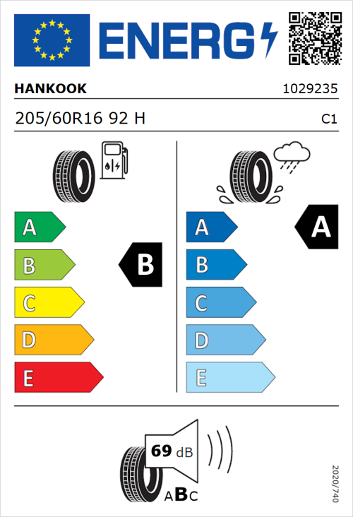 Tyre Label for Hankook Ventus Prime 4 (K135) 205/60R16 92H