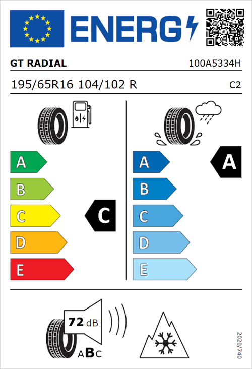 Tyre Label for GT Radial Maxmiler WT3 195/65R16 104/102R