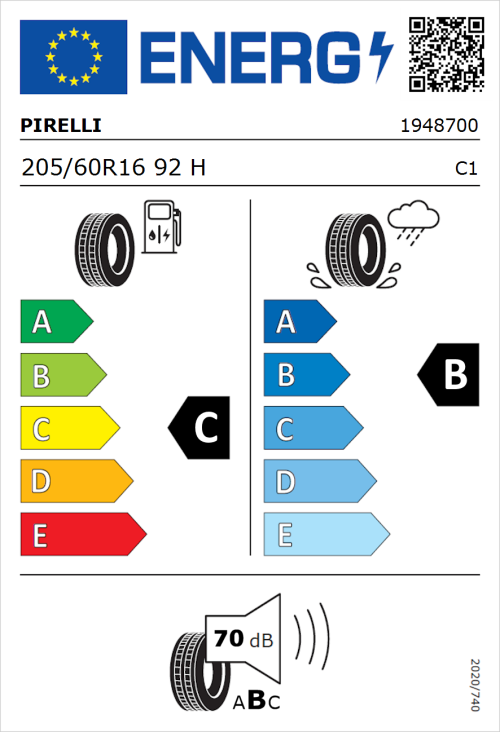 Tyre Label for Pirelli Cinturato P7 205/60R16 92H